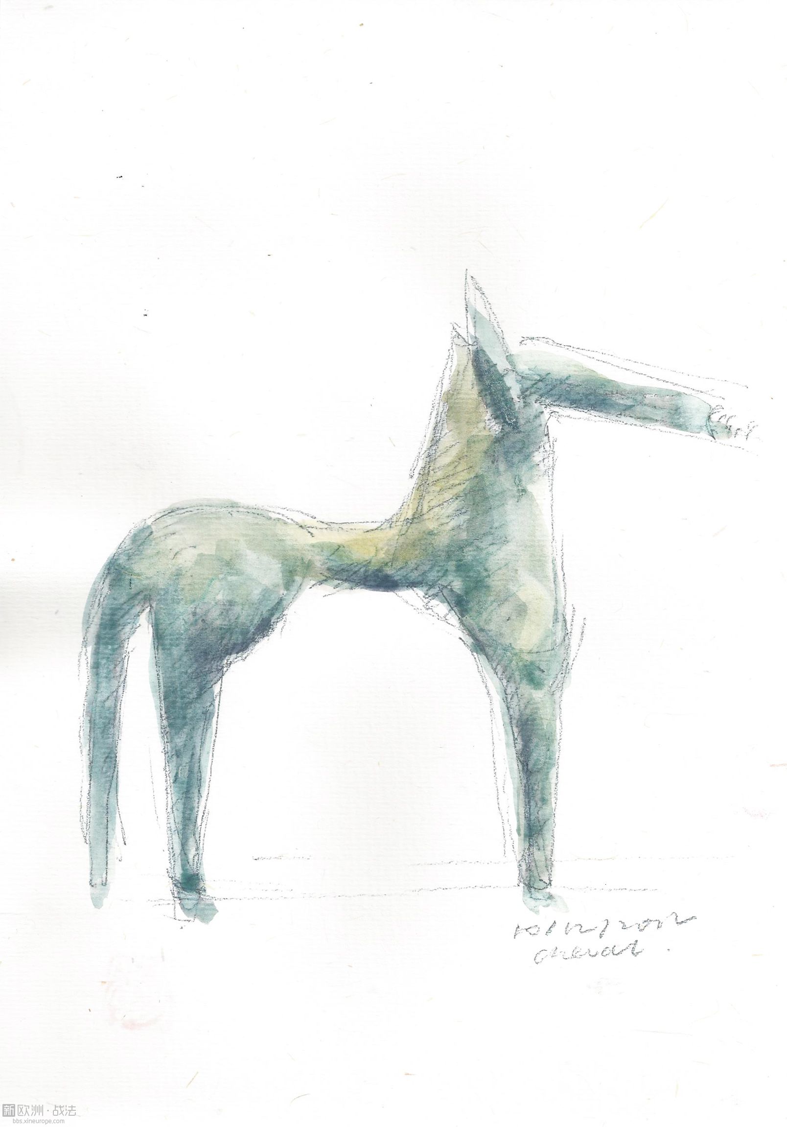 Jiawei Pan-Cheval, inspiré par la forme de Mésopotamie du Louvre, aquarelle .jpg