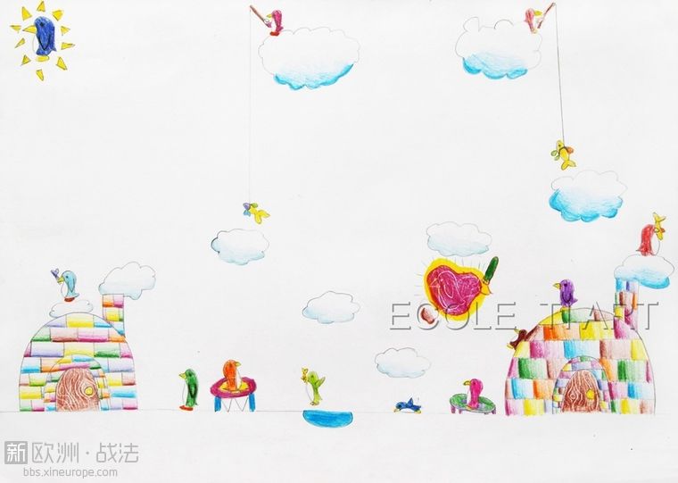 《企鹅的世界》Céline Shi 9岁画，彩色水彩笔想象画。这张画是在没有任何参照的情况下，凭着自己的想象力  ...